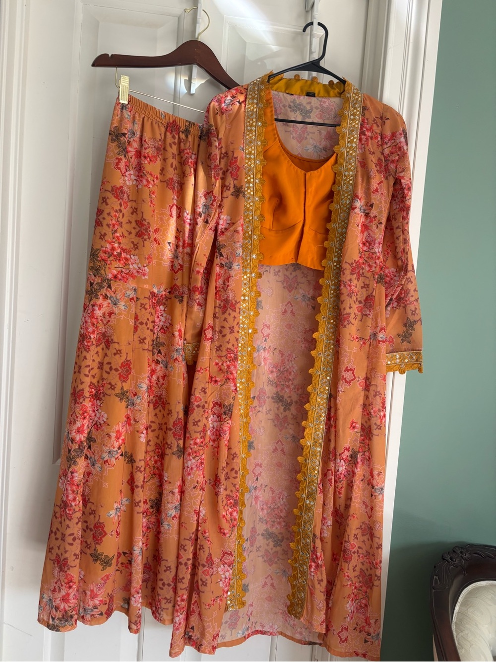 Indo Western 3 Piece Floral Sharara Set: Embroidered Blouse, Plazzo pant, jacket